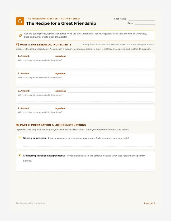 Friendship Recipe Worksheet