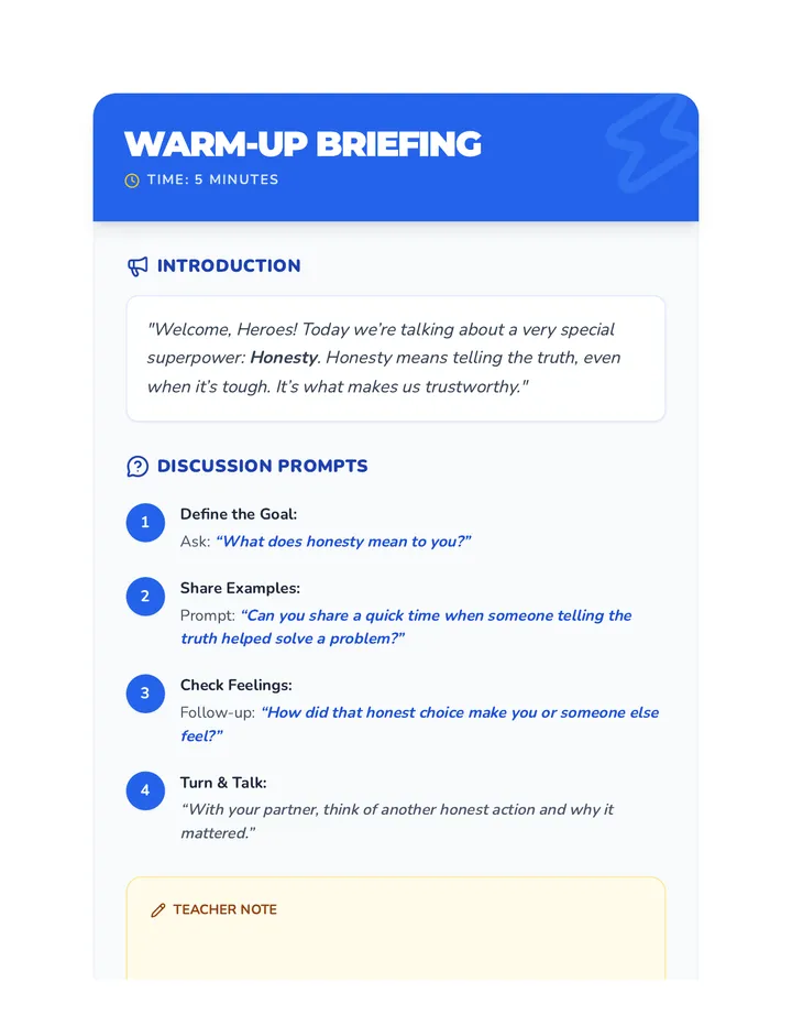 Honesty Heroes Warm Up Guide