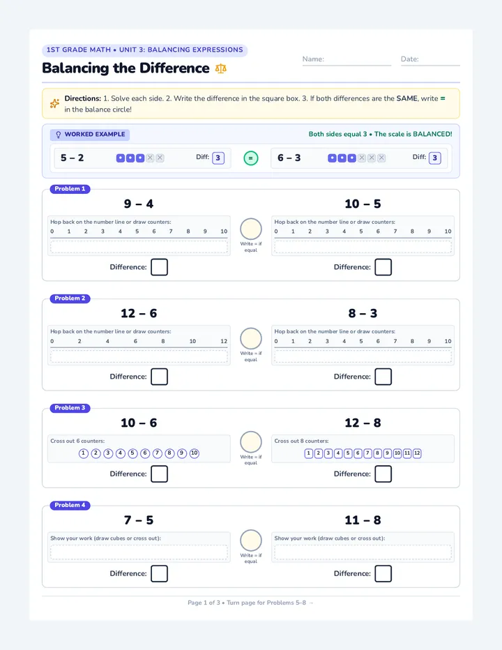 Balancing Difference Practice Worksheet
