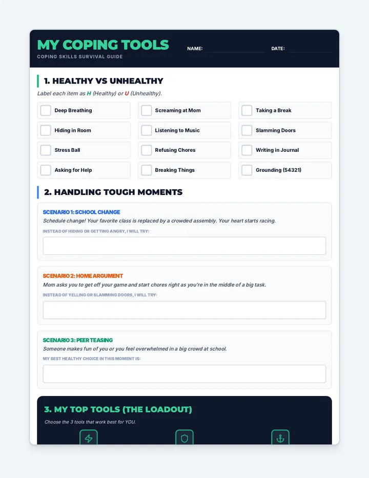 My Coping Tools Printable One Page