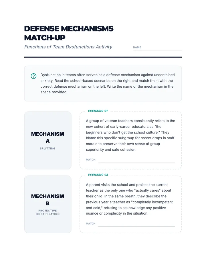 Defense Mechanisms Matching Handout