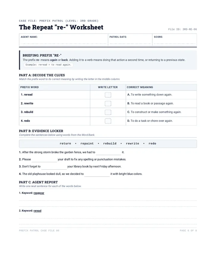 Prefix Patrol Re Worksheet