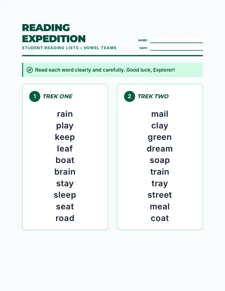 Vowel Team Reading Student Sheet