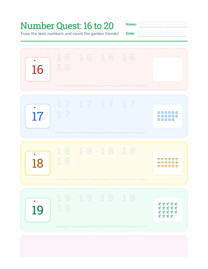 Number Trace 16 to 20 Worksheet