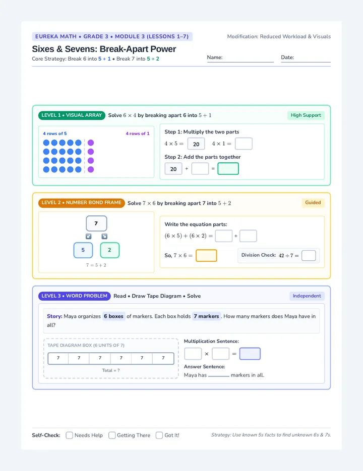 Sixes Sevens Tiered Worksheet