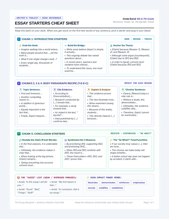 Essay Starters Reference Sheet