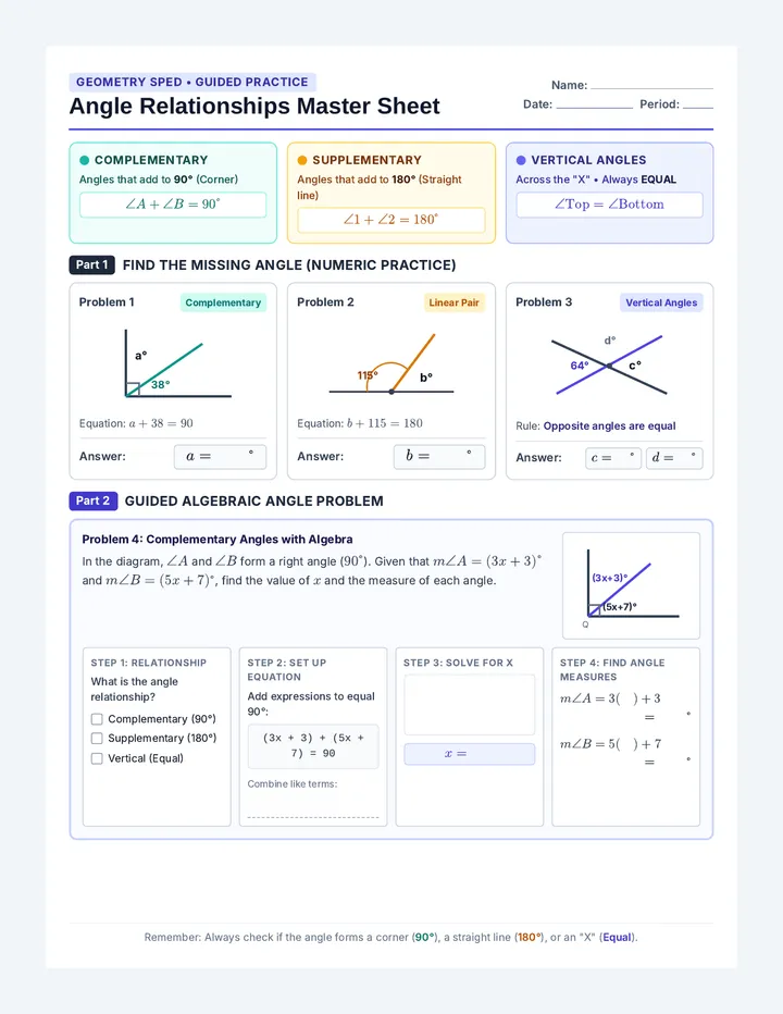 Angle Relationships Practice Worksheet