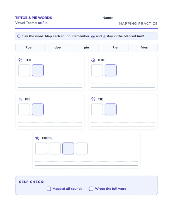 Pie and Toe Worksheet