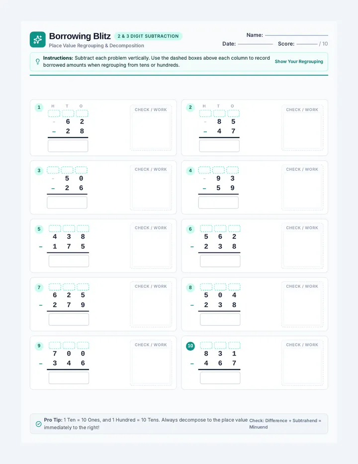 Borrowing Blitz Worksheet