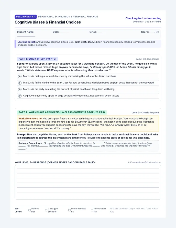 Sunk Cost Bell Ringer Worksheet