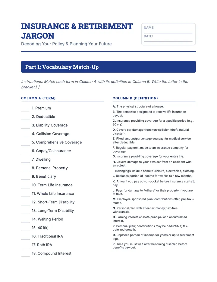 Insurance Jargon Worksheet