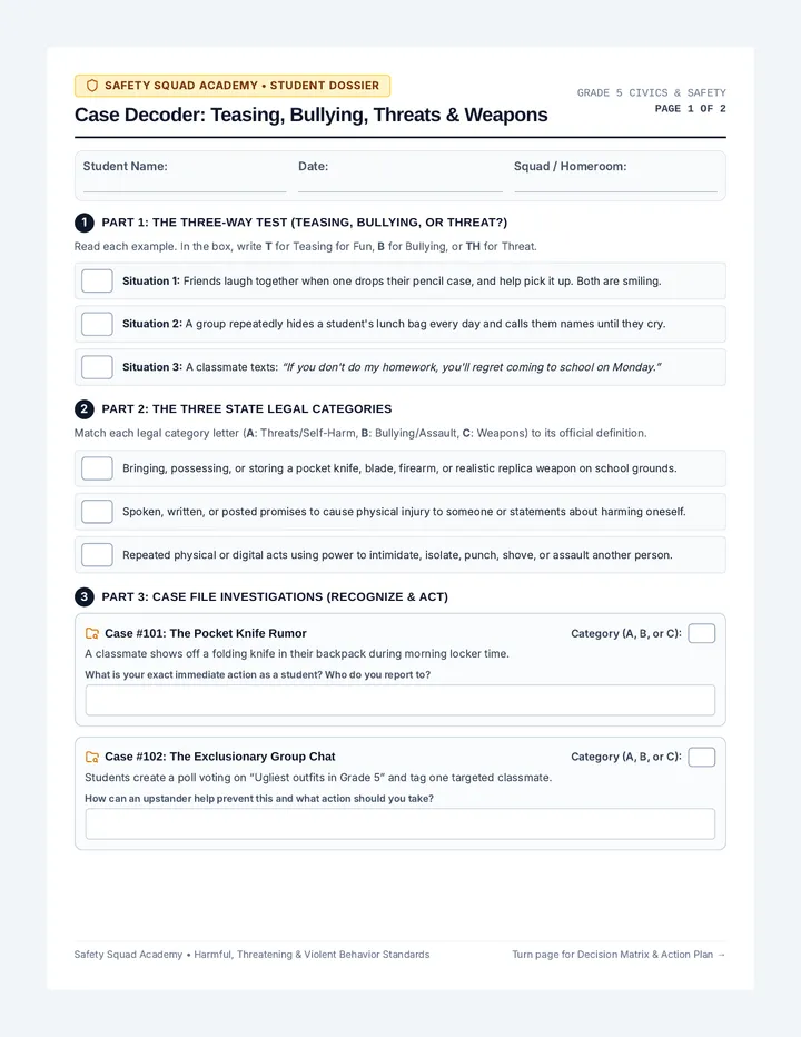 Safety Squad Mission Worksheet