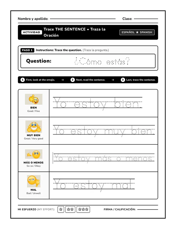 Sentimientos Tracing Worksheet