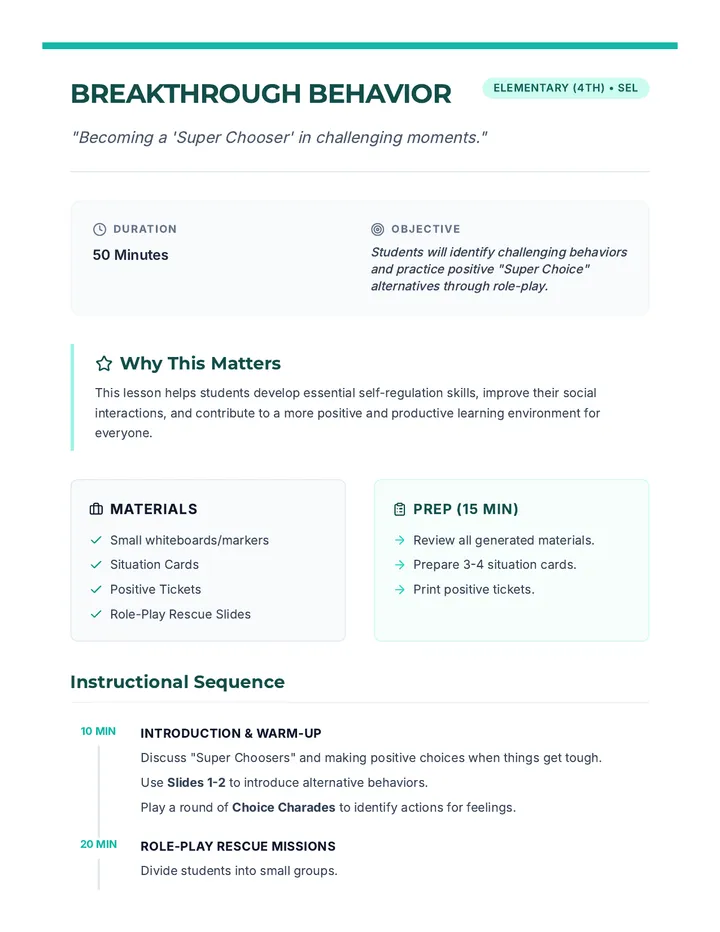 Breakthrough Behavior Lesson Plan