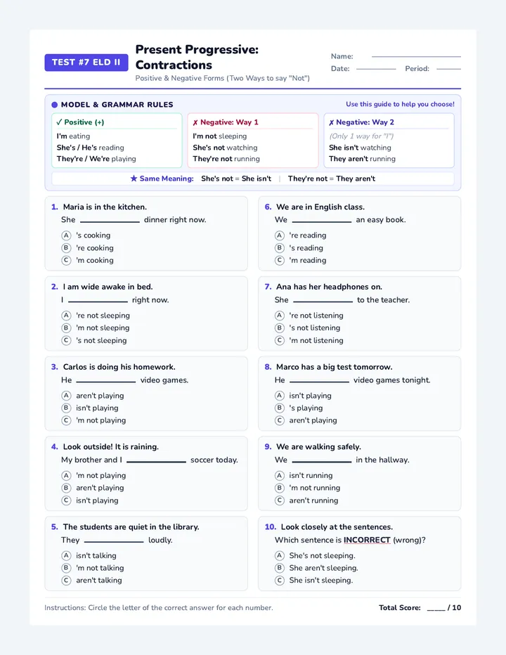Present Progressive Contractions Test