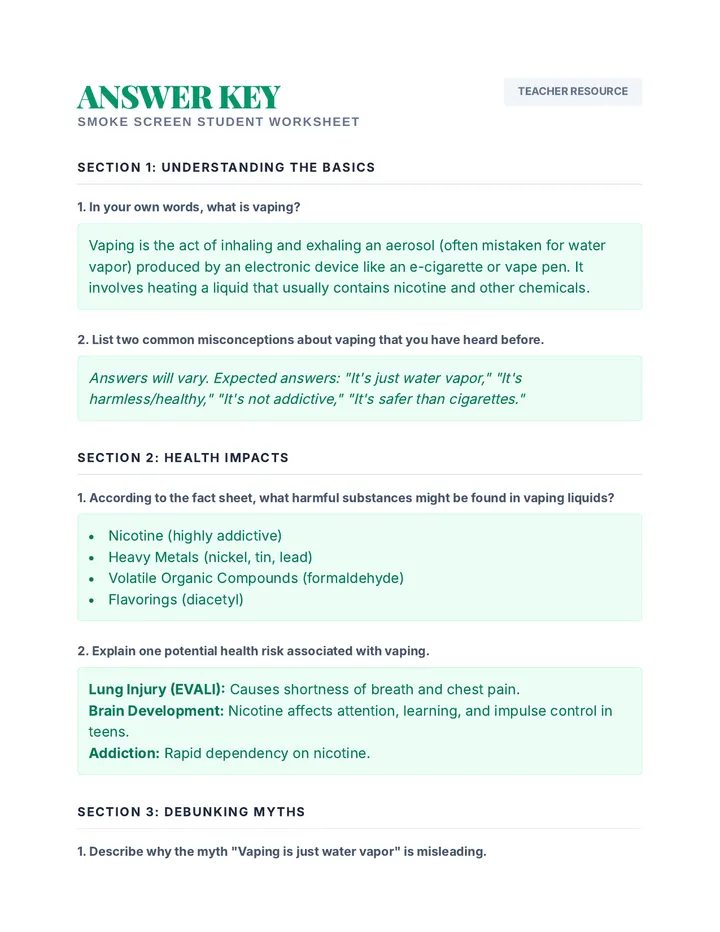 Smoke Screen Answer Key