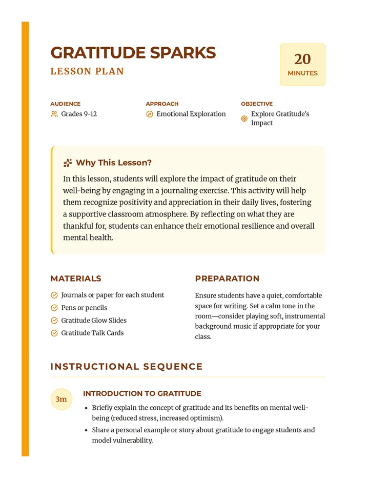 Gratitude Sparks Lesson Plan