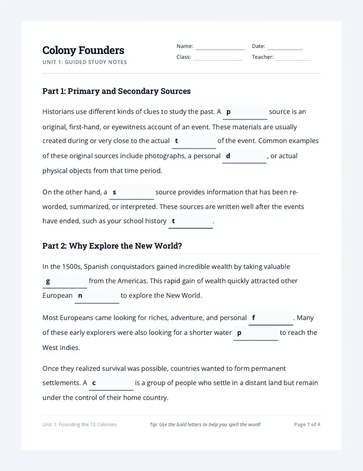 Colony Founders Guided Notes