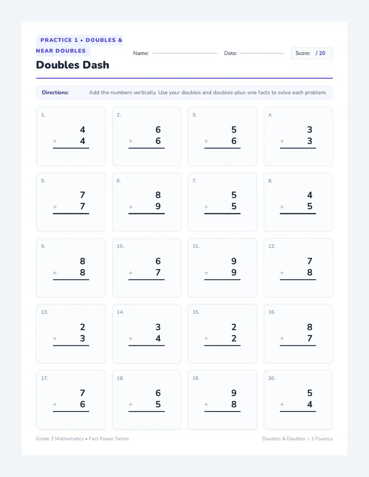 Doubles Dash Worksheet