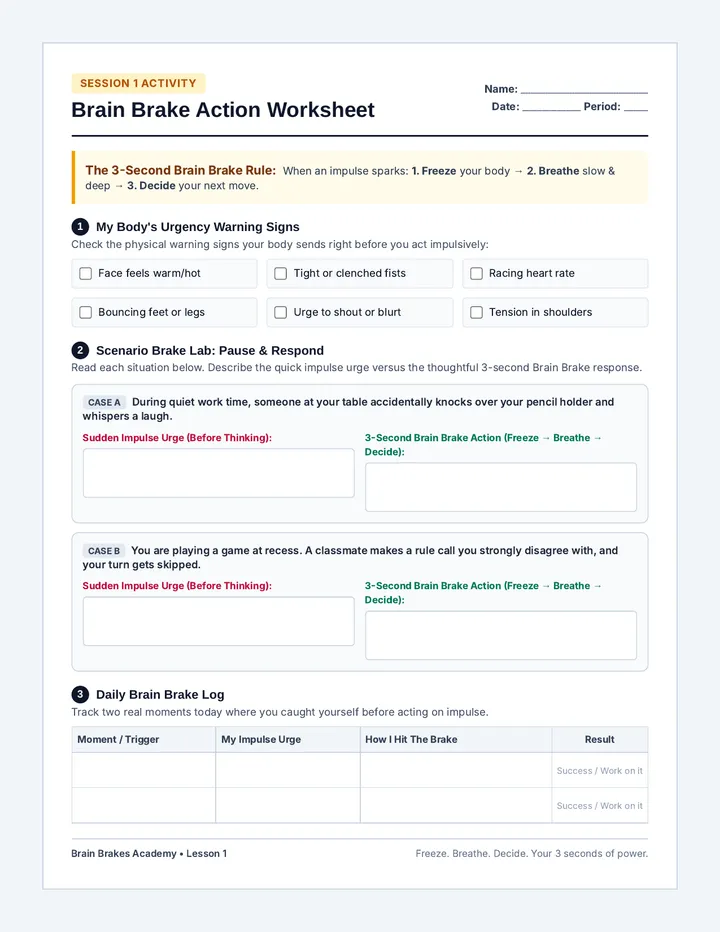 Brain Brake Worksheet