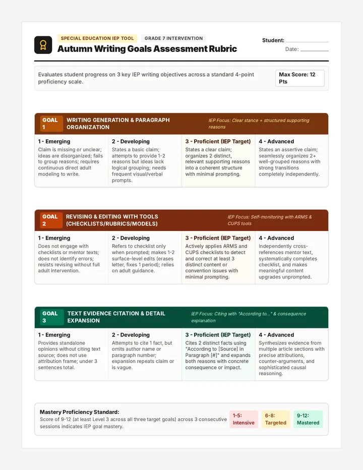 Writing Goals Assessment Tracker