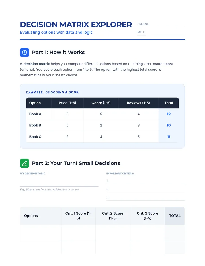 Decision Matrix Explorer Worksheet