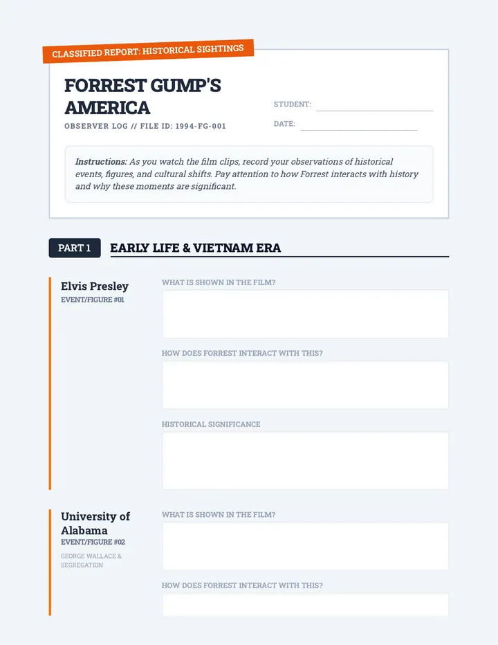 Forrest Gump Historical Sightings Worksheet
