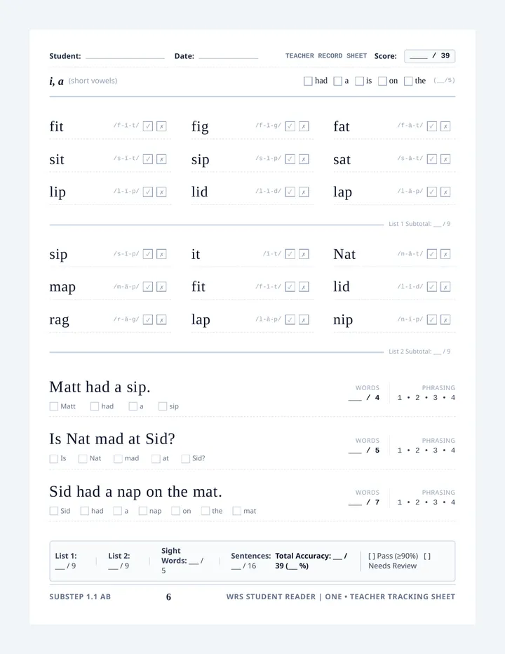 Short I Reading Tracker Sheet