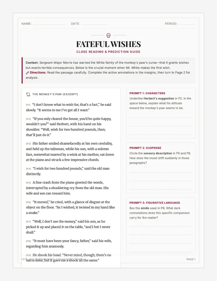 Fateful Wishes Worksheet
