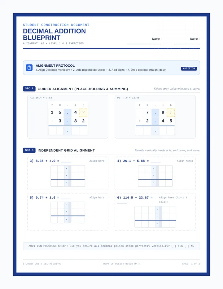 Decimal Blueprint Practice Worksheet