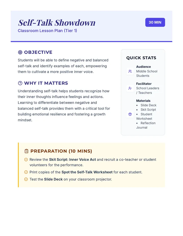 Self Talk Showdown Lesson Plan