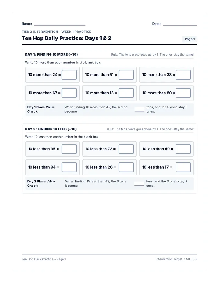 Ten Hop Daily Practice Worksheets