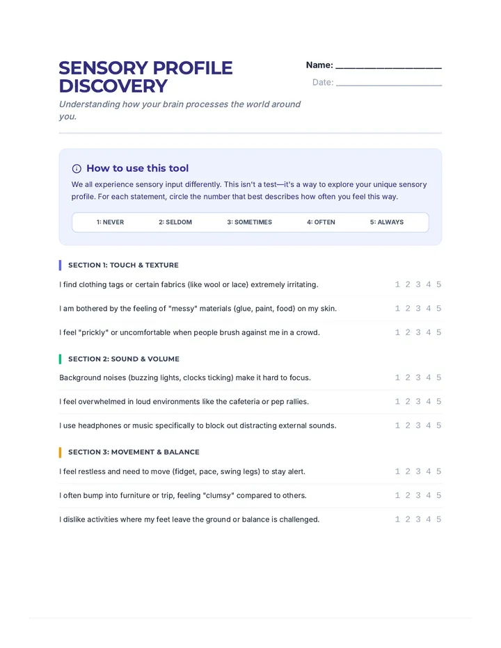 Sensory Profile Discovery Worksheet Plus Score Key