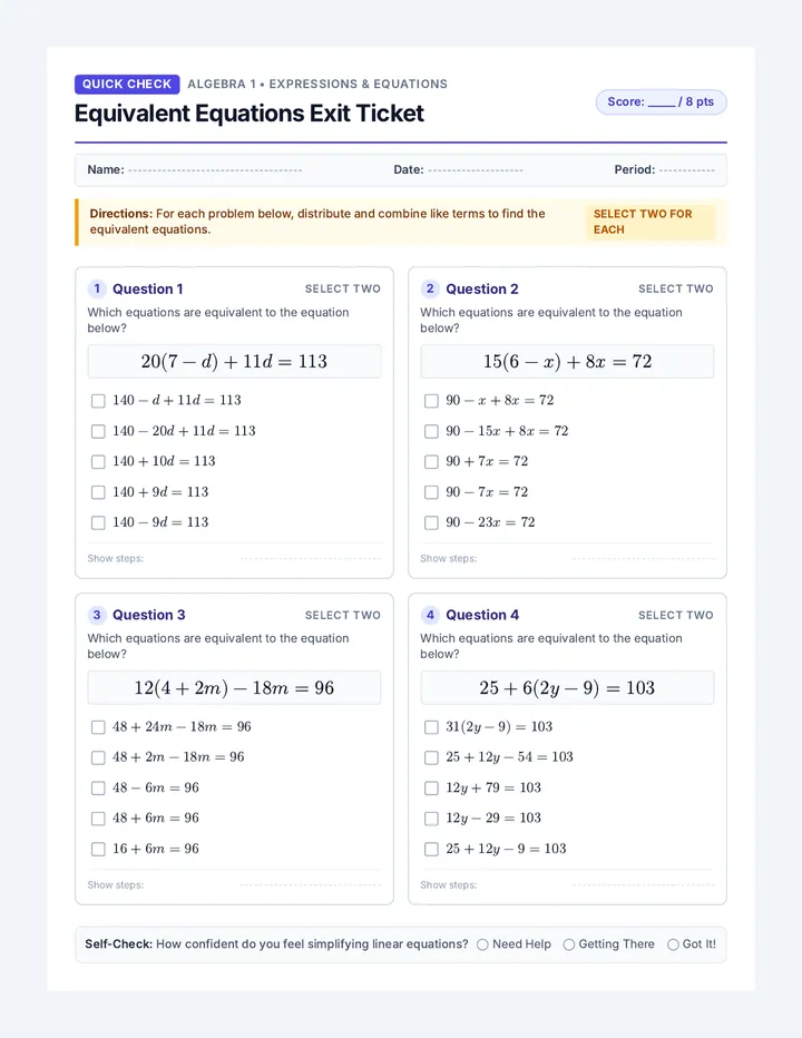 Equation Equivalents Exit Ticket