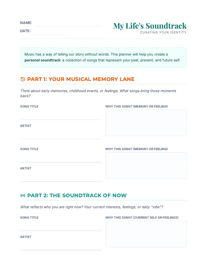 My Life's Soundtrack Planner Worksheet