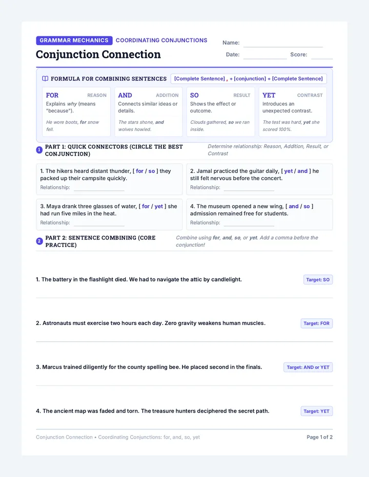 Conjunction Connection Worksheet • Material • Lenny.com