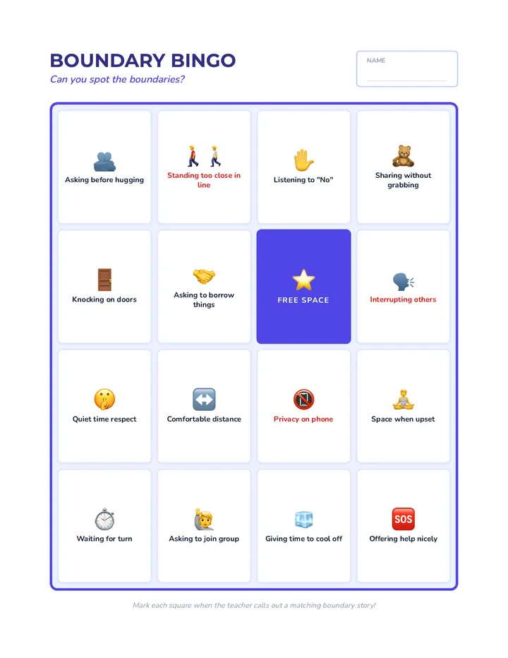 Boundary Bingo Cards Worksheet