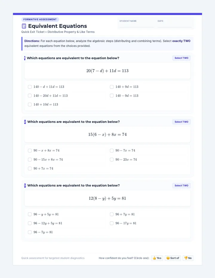 Equivalent Equations Exit Ticket
