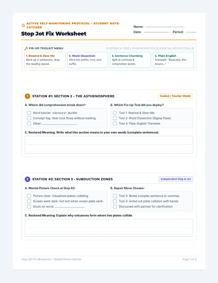 Stop Jot Fix Worksheet