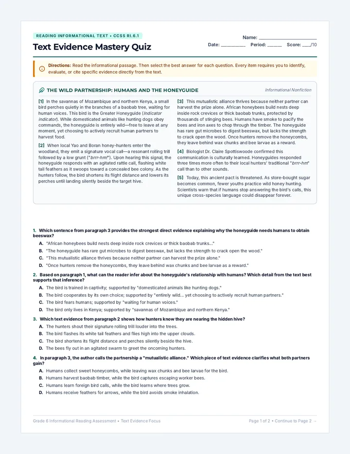 Text Evidence Mastery Quiz
