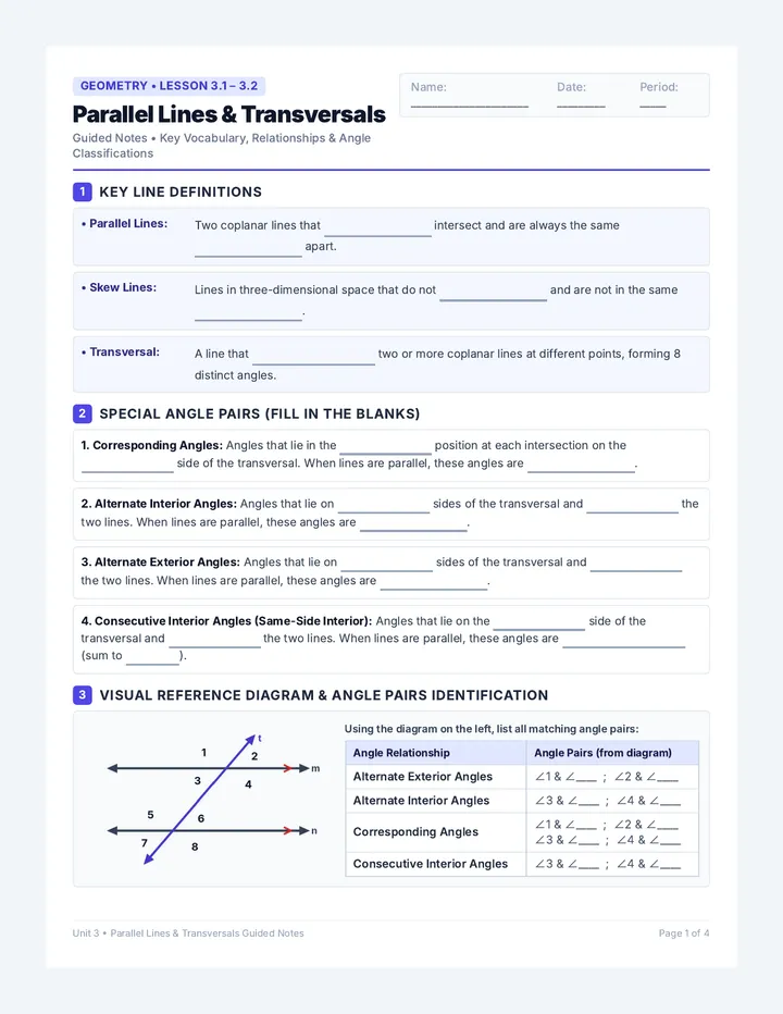 Parallel Lines Transversals Guided Notes