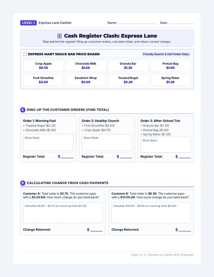 Cash Register Level One Worksheet