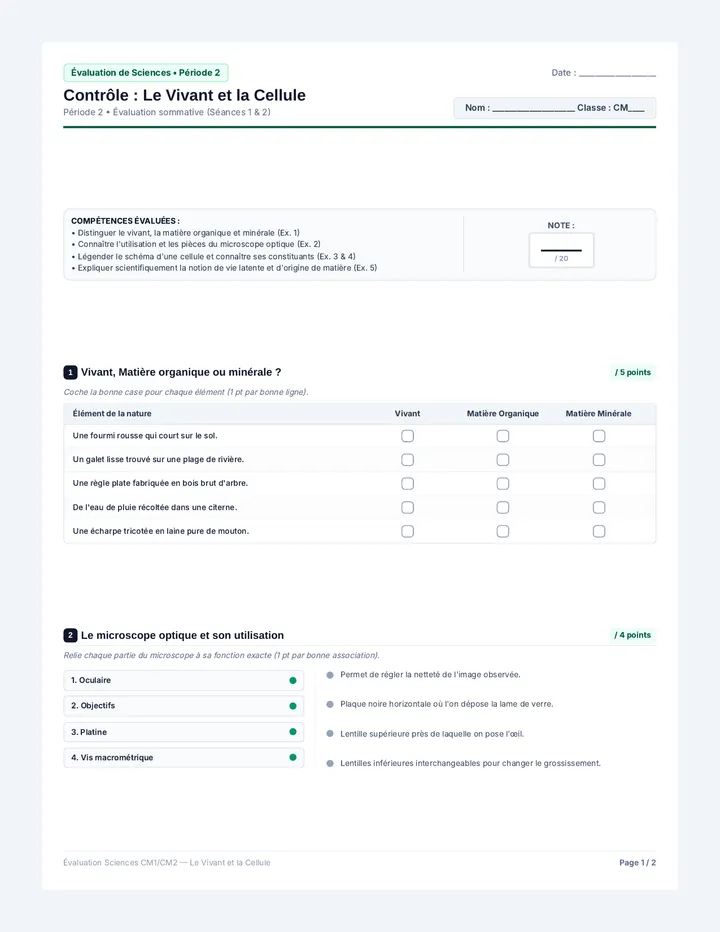Évaluation Vivant et Cellule