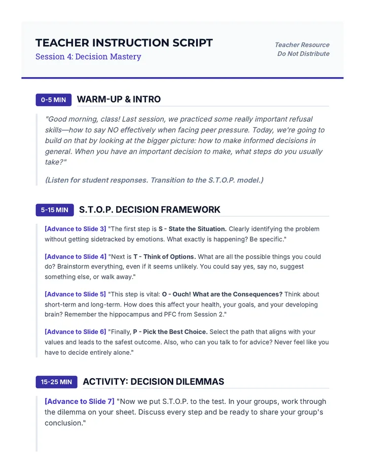 Decision Mastery Teacher Script