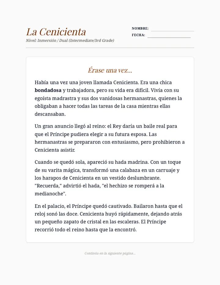 Cenicienta Immersion Worksheet