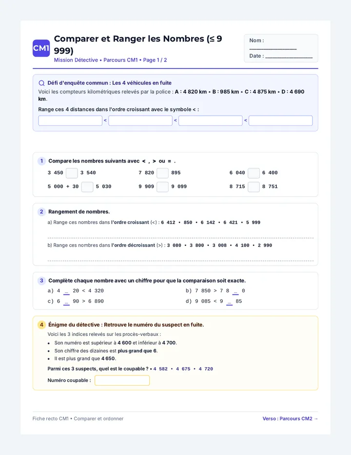 Comparer Nombres Fiche Double
