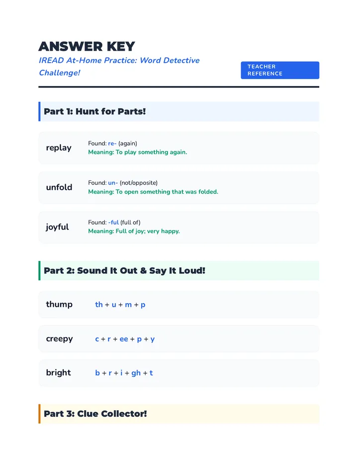 IREAD At Home Answer Key