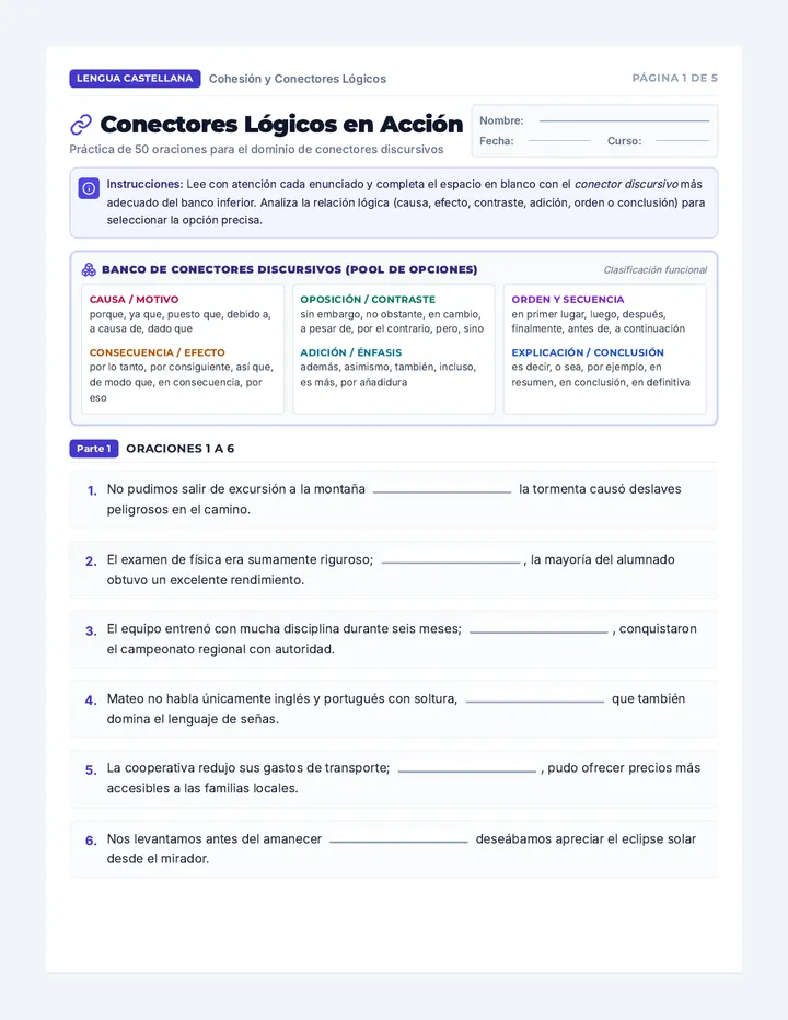 Spanish Connectors Practice Worksheet