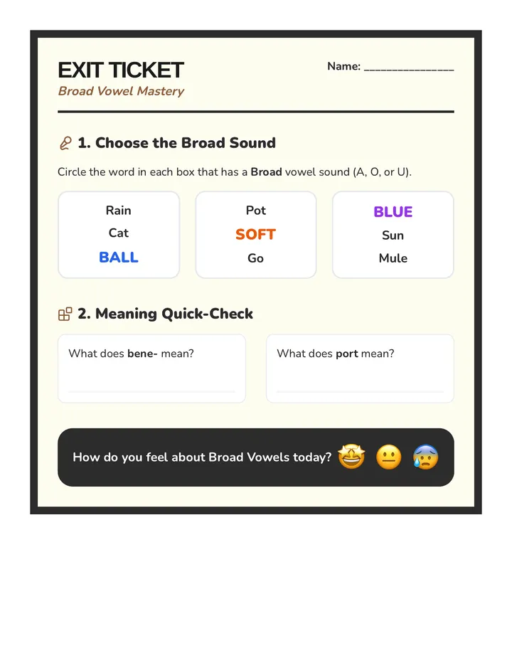 Broad Vowels Exit Ticket