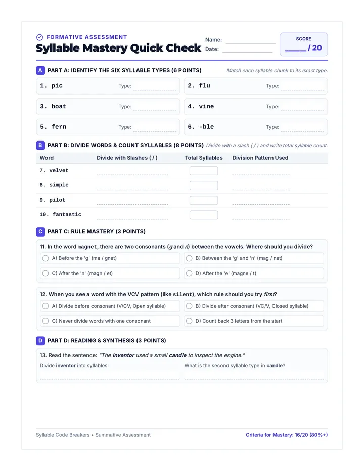Syllable Mastery Quick Check